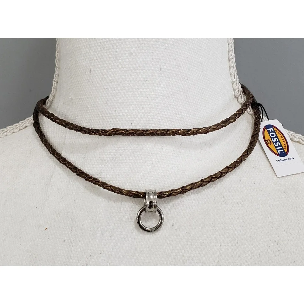 NEW Fossil Brand layered braided brown leather necklace choker surfer y2k dainty